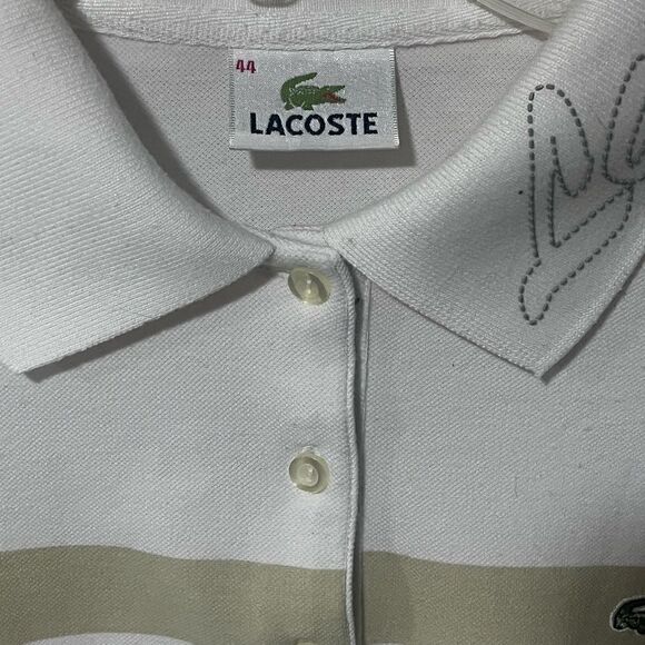 LACOSTE SLIM FIT LETTERED COLLAR SINGLE STRIPE POLO SHIRT WHITE/TAN S - Picture 5 of 13